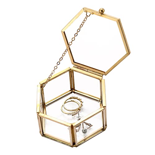 Vintage Hexagonal Glass Keepsake Box, Gold Jewelry Organizer - 3.1 x 2.5 Inch