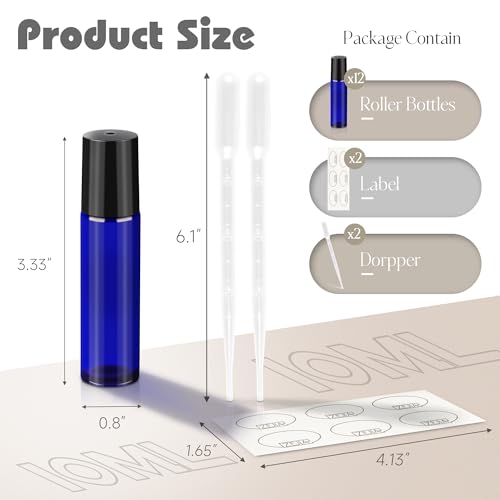 10ml Cobalt Blue Glass Roller Bottles for Essential Oils, 12 Pack