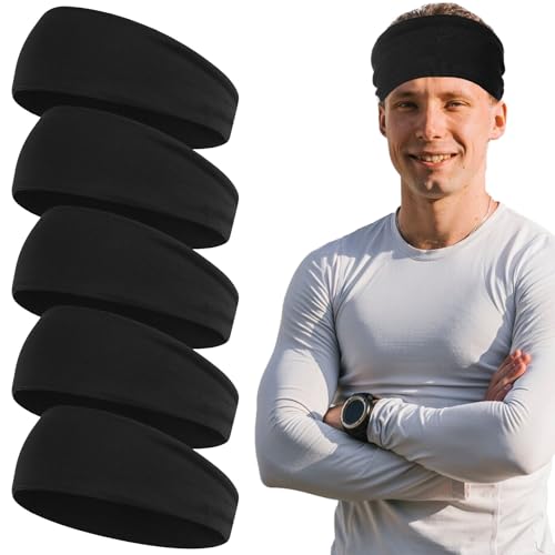 5 Pcs Cooling Workout Headbands, Running Headbands for Men, Sweat Bands Headband Men, Lightweight Moisture-Wicking Non-Slip Sweatband, 4-Way Stretch Breathable for Cycling, Basketball, Yoga, Fitness