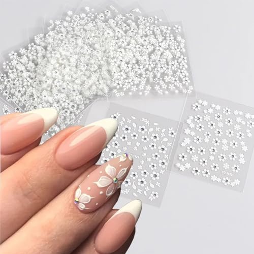 White Flower Nail Stickers 30 Sheets 3D Self-Adhesive Floral Decals