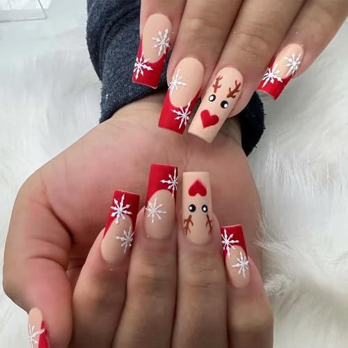 Christmas Press on Nails French Winter Snowflake Acrylic Fake Nails