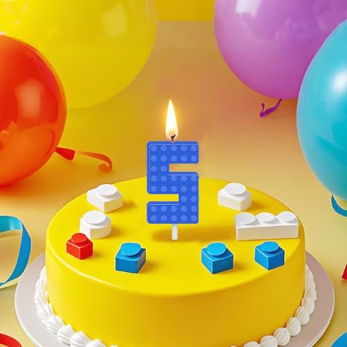 Blue Number 5 Birthday Candle - Building Block Cake Topper