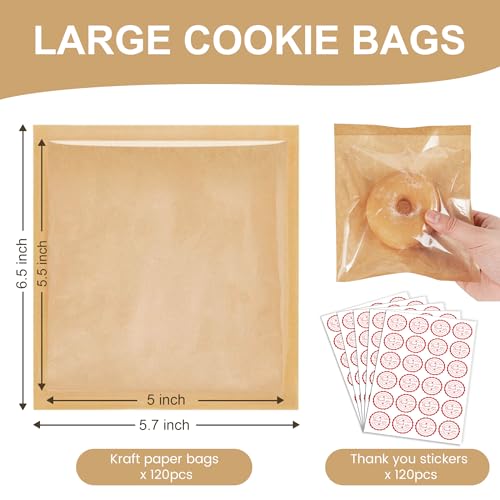 120 Pack Kraft Cookie Bags with Clear Window and Thank You Stickers
