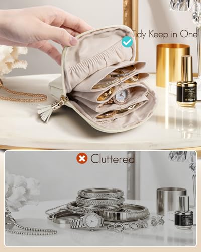 VLANDO White Travel Jewelry Organizer Case with Velvet Pouches, Compact & Waterproof