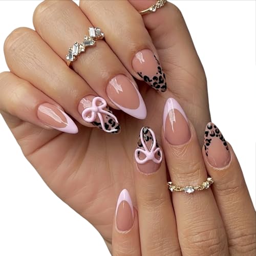 French Tip Press on Nails Medium Almond Fake Nails with 3D Bow & Leopard Print