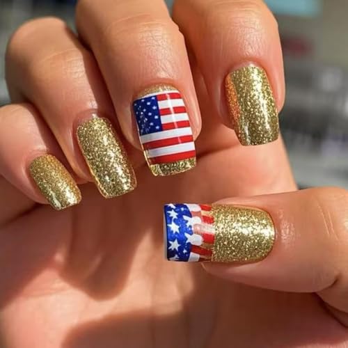 American Flag Press on Nails Medium Square 4th of July False Nails