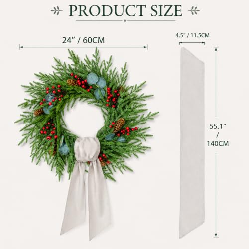24 Inch Christmas Wreath for Front Door with Decorative Sash - Faux Norfolk Pine Berries & Pinecones - Farmhouse Holiday Decor - Red