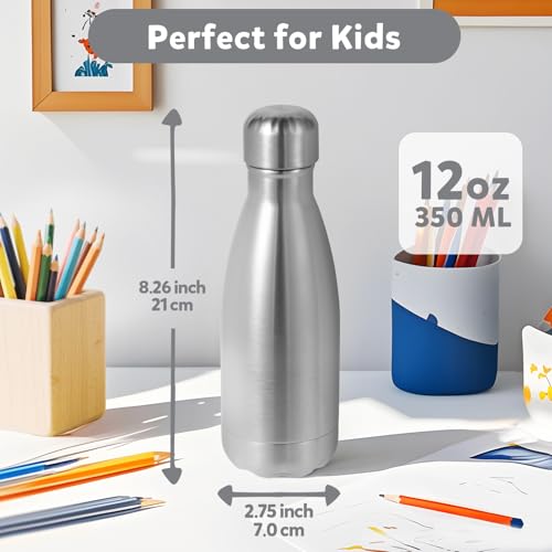 Volhoply 12oz Stainless Steel Insulated Water Bottle - Silver, BPA-Free, Double Wall, Keeps Cold 24H & Hot 12H for Kids