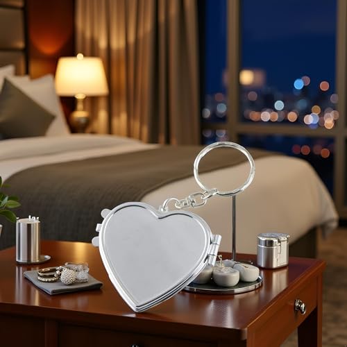 Heart Shaped Metal Compact Pocket Mirror with Keychain Travel Folding