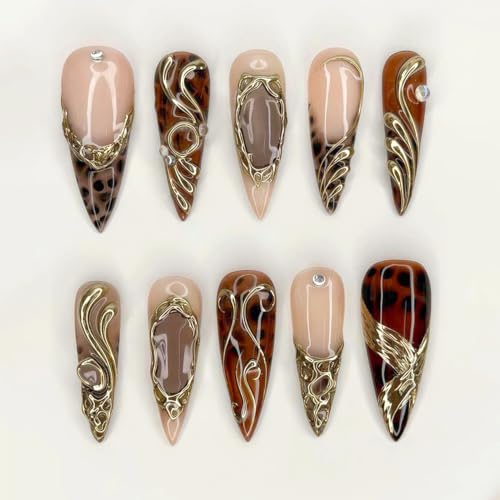 Long Almond French Tip Press on Nails Chrome Gold Leopard Print False Nails