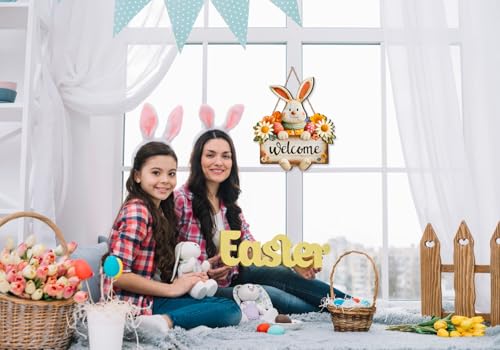 Rustic Easter Welcome Wreath Sign - 13" Wooden Door Decor