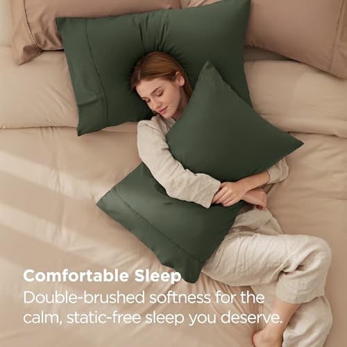 Bedsure Standard Pillowcases Set of 2 - Olive Green Microfiber Envelope
