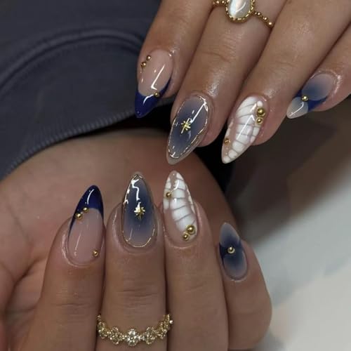 Bohemian Medium Almond Press on Nails Navy Nude Ombre False Nails Kit