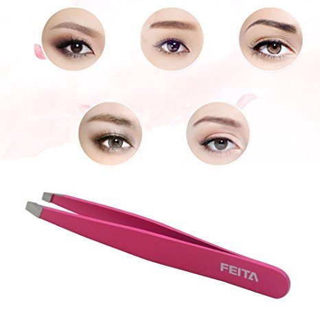 FEITA Professional Stainless Steel Eyebrow Tweezers Set - Pink Slant & Pointed Hair Removal Clip with Travel Case, 2 Pcs