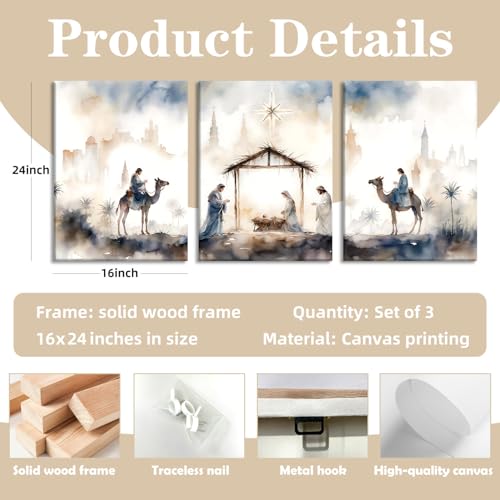 Religious Wall Art Set of 3 Nativity Scene Canvas Prints 16x24 Inches - Blue-Gray