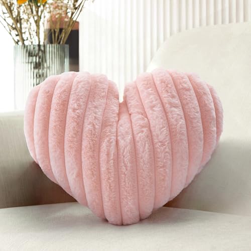 Pink Heart Pillow, 12.9" Small Fluffy Faux Fur Throw Pillow for Bedroom