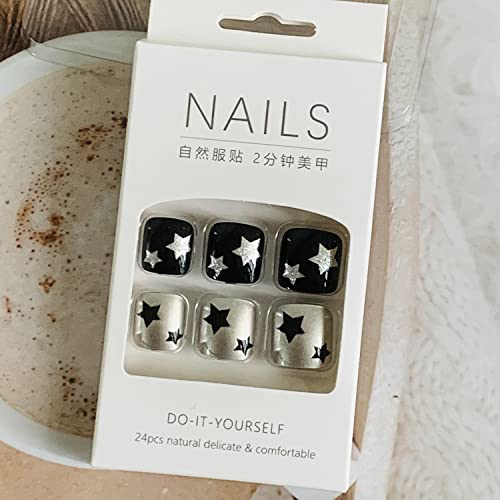 Onsdag Press on Toenails Black Designs 24 Pcs Glossy Square False Toe Nails