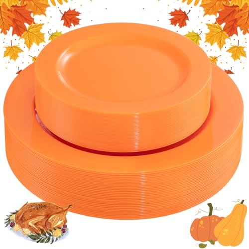 Orange Disposable Plates Set 60PCS for Fall Halloween & Thanksgiving - Heavy Duty 10.25inch & 7.5inch - Variation of Orange / 60