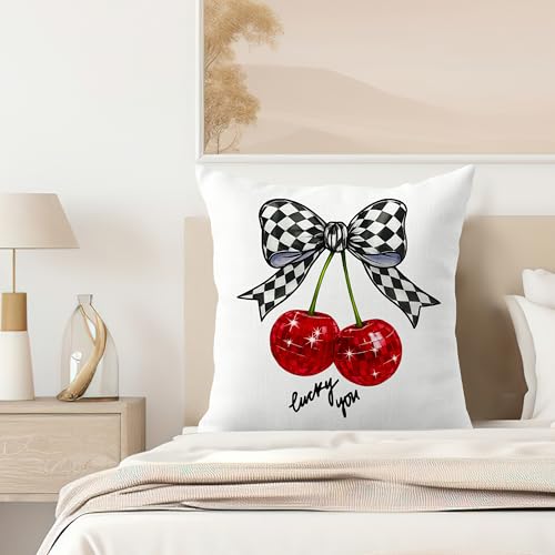 Cherry Pillow Cover 18x18 - Black & White Checkered Bow | JMICPTUB