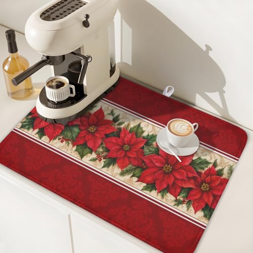 Christmas Red Flower Dish Drying Mat 18x24 Inch for Kitchen Counter - Foldable & Quick Dry