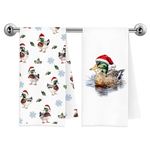 Winter Christmas Duck Kitchen Towels Set of 2 - Duck & Santa Hat Design