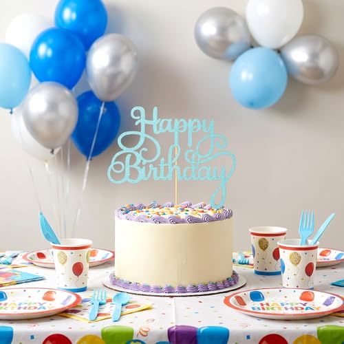 Light Blue Happy Birthday Cake Topper - Elegant Glitter Design