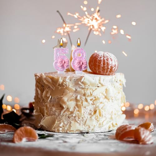 58th 85th Birthday Candles with Pink Glitter Bow - Elegant Cake Topper