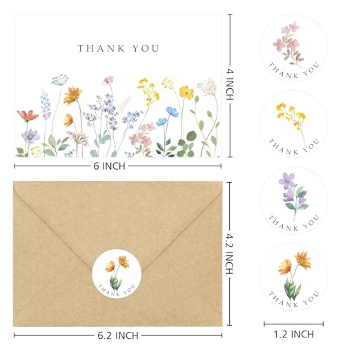 Hidreas Floral Thank You Cards with Kraft Envelopes, 4x6 Inch, 24 Pack