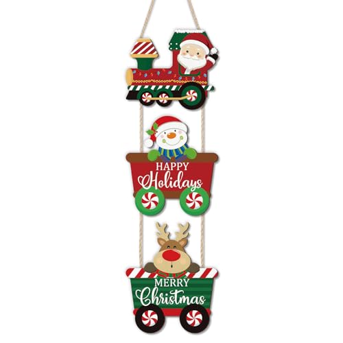 Christmas Train Door Decor Set - Santa Snowman Reindeer Wreath Holiday Welcome Sign - 3 Pieces