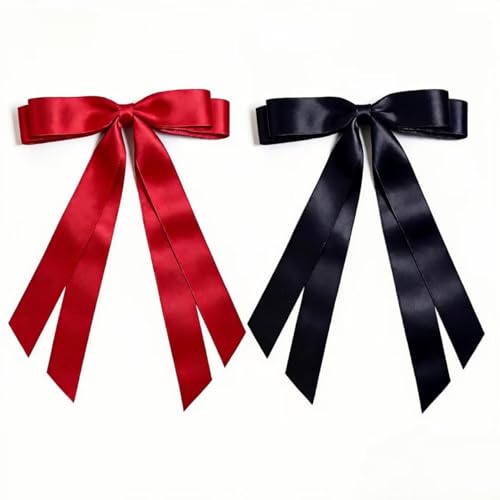 Silky Satin Hair Bows with Long Tails - 2 Pack Red & Black Hair Clips