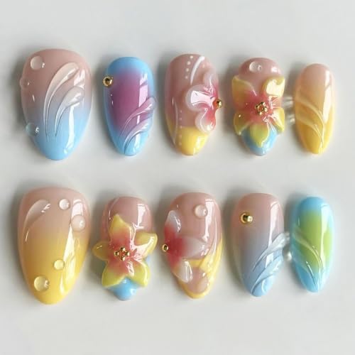 Short Almond Press On Nails 3D Flower French Tip Acrylic False Nails