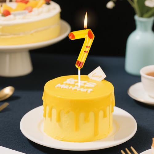 Cartoon Number 7 Birthday Candle - Fun Yellow Cake Decoration