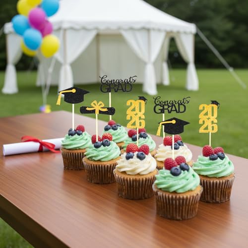 Graduation Cupcake Toppers 2026 - 24 PCS Gold Congrats Grad Picks