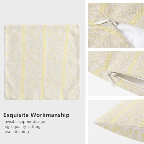 Vintage Floral Throw Pillow Covers - Yellow Striped Linen, 18x18 Inch, Set of 2