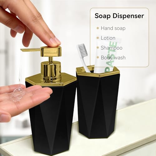 2 Piece Black Plastic Bathroom Accessories Set - Soap Dispenser & Toothbrush Holder