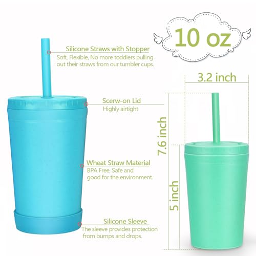 Homestockplus 10oz Wheat Straw Reusable Cups with Lids & Straws - Blue & Green