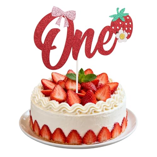 Strawberry Cake Topper for 1st Birthday - Glitter Decoration