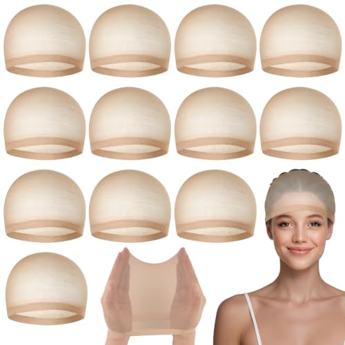 PLULON 12 Pcs Nude Wig Caps, Ultra-Thin Mesh Stocking Hair Nets for Women and Men