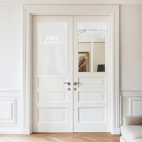 Ivory White 100% Blackout Linen French Door Curtain Panel, 26"W x 50"L