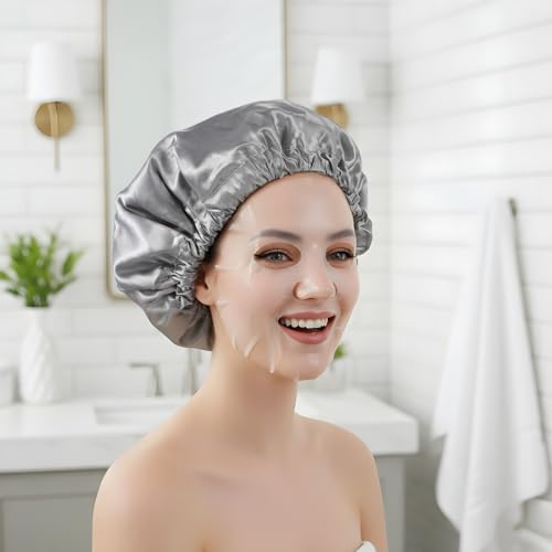 Reusable Shower Cap for Women, Waterproof Double Layer PEVA Bath Cap with Adjustable Drawstring