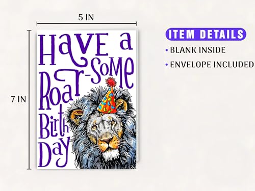 Funny Lion Birthday Card with Party Hat - 5x7 inches