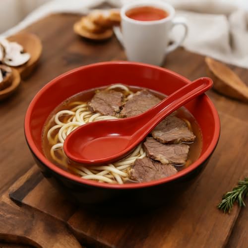 WeiMeet Melamine Soup Spoons - Red and Black Asian Wonton Ramen Spoons, 2 Pcs