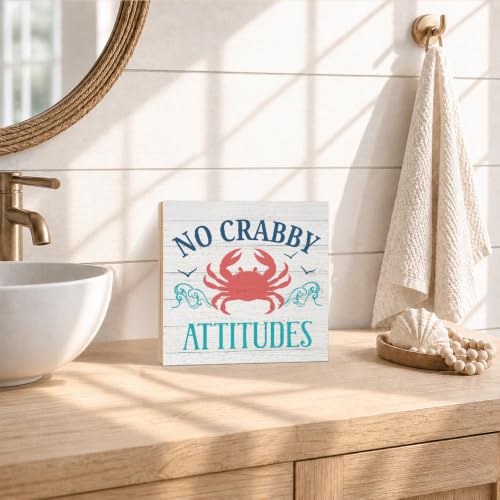 No Crabby Attitudes Wooden Box Sign - Coastal Beach Decor 5.9x5.9in