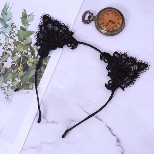 WLLHYF Black Lace Cat Ear Headband 2 Pcs Costume Hair Accessory
