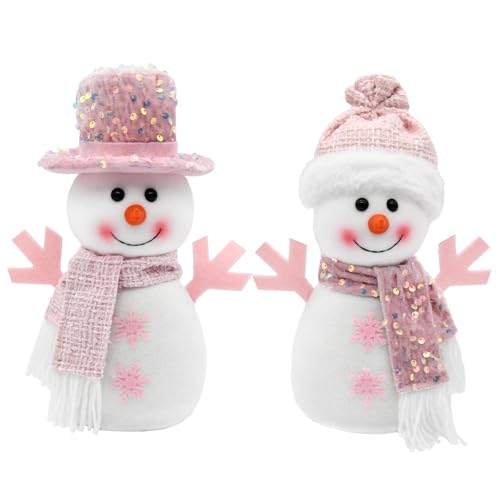 Pink Christmas Snowman Decorations - Light Pink Pastel Holiday Table Centerpiece 2Pcs