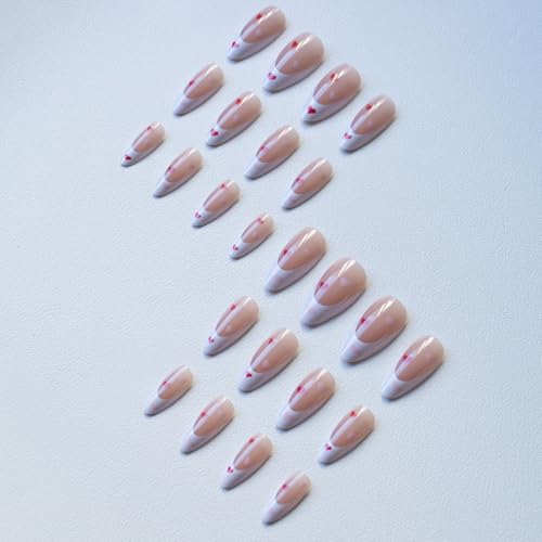 Valentine Long Almond Press On Nails with White French & Red Hearts