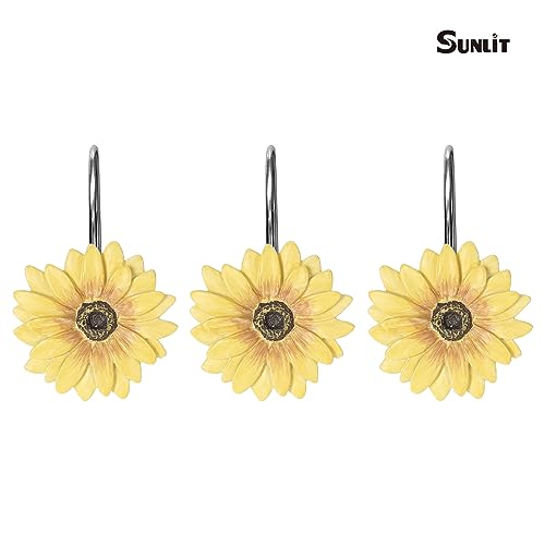 Sunlit Yellow Sunflower Shower Curtain Hooks - Summer Floral Resin Bathroom Decor, Set of 12