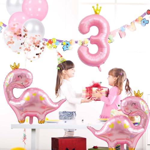 Pink Dinosaur Balloons Kit with 40-Inch Number 3 for Birthday