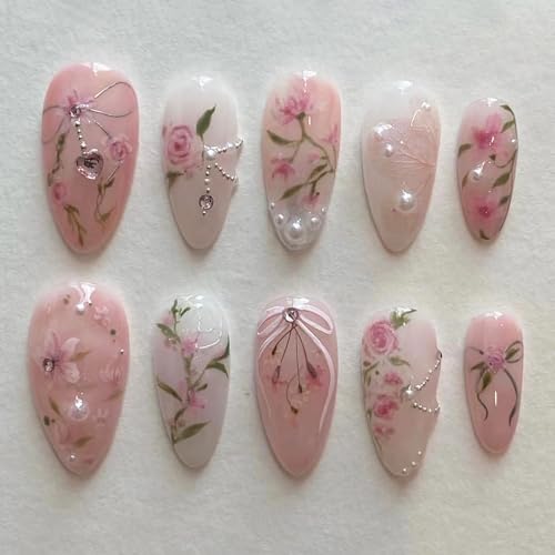 Pink Floral Medium Almond Press-On Nails with 3D Pearl Designs