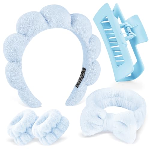 Zkptops 5Pcs Bubble Spa Headband and Wristband Set for Washing Face Blue